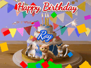 Happy Birthday Roy GIF: Happy Birthday Cake GIF with a cat, lamb, and squirrel on the cake with flickering candles, a sparkler, and falling confetti. Reads Happy Birthday Name and you can customize the name