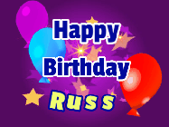 Happy Birthday Russ GIF: A lovely purple birthday gif animated with moving text, a balloon, and bubbles. Customize it.