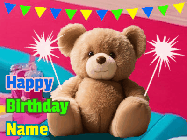Happy Birthday Russ GIF: A cute birthday teddy bear animated birthday gif with the bear holding sparklers and text to customize.