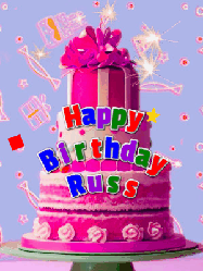 Happy Birthday Russ GIF: A big beautiful birthday cake gif with falling confetti, sparklers, and balloons, reads Happy Birthday Name. Customize it.