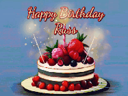 Happy Birthday Russ GIF: Animated GIF of a birthday cake covered in berries with 2 sparklers and a candle, reads Happy Birthday Name. Customize it.