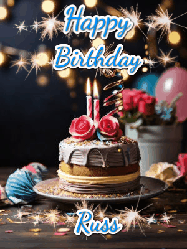 Happy Birthday Russ GIF: Sparkles and glitter happy birthday gif with a cake and flickering candles and sparklers behind the words happy birthday customize