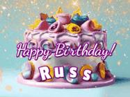 Happy Birthday Russ GIF: A beautiful birthday cake gif with animated sparkles and glitter Happy Birthday Name you can customize