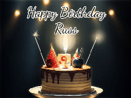 Happy Birthday Russ GIF: Animated birthday cake gif with sparklers on a dark background. Personalize up to 3 lines of text.