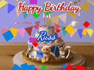 Happy Birthday Russ GIF: Happy Birthday Cake GIF with a cat, lamb, and squirrel on the cake with flickering candles, a sparkler, and falling confetti. Reads Happy Birthday Name and you can customize the name