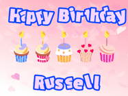 Happy Birthday Russell GIF: Pink animated birthday gif with 5 cupcakes and candles and animated text you can customize with name.