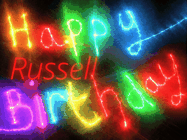Happy Birthday Russell GIF: Flashing neon happy birthday gif with a name you can customize. The Happy Birthday is colourful.
