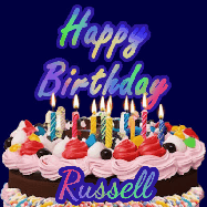 Happy Birthday Russell GIF: A dark blue birthday gif with a beautiful cake with flickering candles, background sparkles and a name to customize.