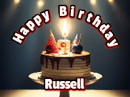 Happy Birthday Russell GIF: Animated happy birthday gif with a cake and flickering candles with colorful falling confetti and text reading Happy Birthday