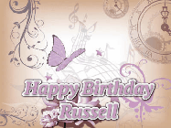 Happy Birthday Russell GIF: Classical birthday gif background with colorful musical notes floating past and a name you can customize, reads Happy Birthday.