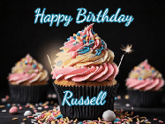 Happy Birthday Russell GIF: A delicious cupcake gif with animated sparkles reading Happy Birthday with a name to customize