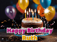 Happy Birthday Ruth GIF: A birthday cake with flickering candles gif with text reading Happy Birthday and a Name slot to customize