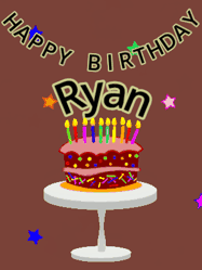 Happy Birthday Ryan GIF: Animated birthday gif of a chocolate cartoon cake and stars. Animated text can be customized with name.