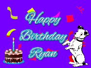 Happy Birthday Ryan GIF: Silly happy birthday gif with a cute dog in a corner and rainbow animation confetti. Birthday cake in order with candle.
