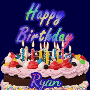 Happy Birthday Ryan GIF: A dark blue birthday gif with a beautiful cake with flickering candles, background sparkles and a name to customize.