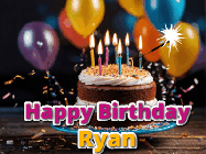 Happy Birthday Ryan GIF: A birthday cake with flickering candles gif with text reading Happy Birthday and a Name slot to customize
