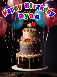 Happy Birthday Ryan GIF: Beautiful birthday cake animated gif, a celebration of balloons, confetti, and sparklers. Customize banner and name.