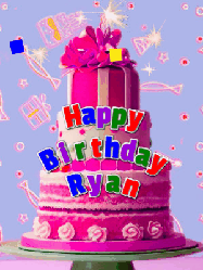 Happy Birthday Ryan GIF: A big beautiful birthday cake gif with falling confetti, sparklers, and balloons, reads Happy Birthday Name. Customize it.