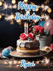 Happy Birthday Ryan GIF: Sparkles and glitter happy birthday gif with a cake and flickering candles and sparklers behind the words happy birthday customize