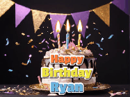 Happy Birthday Ryan GIF: Happy birthday cake animated gif with flickering candles, animated text, and falling confetti. Customize text reading Happy Birthday Customize.