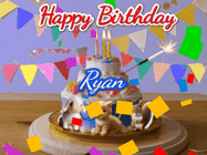 Happy Birthday Ryan GIF: Happy Birthday Cake GIF with a cat, lamb, and squirrel on the cake with flickering candles, a sparkler, and falling confetti. Reads Happy Birthday Name and you can customize the name