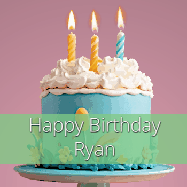 Happy Birthday Ryan GIF: Sparkles fly over a birthday cake that has 3 flickering candles, text in a colored band read Happy Birthday Name.