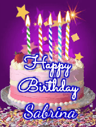 Happy Birthday Sabrina GIF: Happy birthday animated gif of a brightly lit birthday cake, birthday candles, and falling confetti. Customize name.
