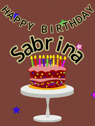 Happy Birthday Sabrina GIF: Animated birthday gif of a chocolate cartoon cake and stars. Animated text can be customized with name.