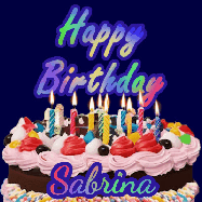 Happy Birthday Sabrina GIF: A dark blue birthday gif with a beautiful cake with flickering candles, background sparkles and a name to customize.
