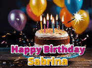 Happy Birthday Sabrina GIF: A birthday cake with flickering candles gif with text reading Happy Birthday and a Name slot to customize