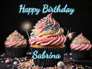 Happy Birthday Sabrina GIF: A delicious cupcake gif with animated sparkles reading Happy Birthday with a name to customize