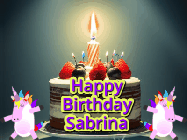 Happy Birthday Sabrina GIF: An animated gif with 2 unicorns and a birthday candle on a cake.