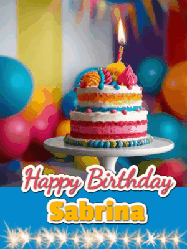 Happy Birthday Sabrina GIF: A birthday card gif with a cake and candle and a blue ribbon with animated sparklers. Reads Happy Birthday Name