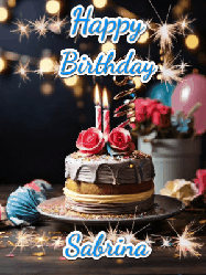 Happy Birthday Sabrina GIF: Sparkles and glitter happy birthday gif with a cake and flickering candles and sparklers behind the words happy birthday customize