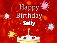 Happy Birthday Sally GIF: A bright red happy birthday gif animated with a cake candle, and glitter and sparkles. Customize with name.