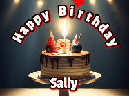 Happy Birthday Sally GIF: Animated happy birthday gif with a cake and flickering candles with colorful falling confetti and text reading Happy Birthday