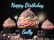 Happy Birthday Sally GIF: A delicious cupcake gif with animated sparkles reading Happy Birthday with a name to customize