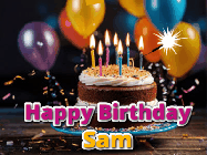 Happy Birthday Sam GIF: A birthday cake with flickering candles gif with text reading Happy Birthday and a Name slot to customize