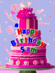 Happy Birthday Sam GIF: A big beautiful birthday cake gif with falling confetti, sparklers, and balloons, reads Happy Birthday Name. Customize it.