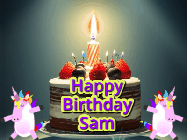 Happy Birthday Sam GIF: An animated gif with 2 unicorns and a birthday candle on a cake.