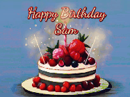 Happy Birthday Sam GIF: Animated GIF of a birthday cake covered in berries with 2 sparklers and a candle, reads Happy Birthday Name. Customize it.