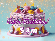 Happy Birthday Sam GIF: A beautiful birthday cake gif with animated sparkles and glitter Happy Birthday Name you can customize