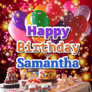 Happy Birthday Samantha GIF: Animated happy birthday gif on a bright red glittery background and 3 lines of text reading Happy Birthday Customize