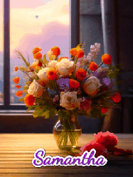 Happy Birthday Samantha GIF: A vase of flowers and animated hearts pop in and out as the words Happy Birthday Name appears that you can customize