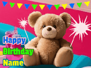 Happy Birthday Sammy GIF: A cute birthday teddy bear animated birthday gif with the bear holding sparklers and text to customize.