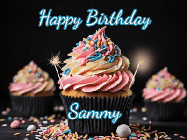 Happy Birthday Sammy GIF: A delicious cupcake gif with animated sparkles reading Happy Birthday with a name to customize