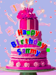 Happy Birthday Sammy GIF: A big beautiful birthday cake gif with falling confetti, sparklers, and balloons, reads Happy Birthday Name. Customize it.