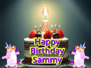 Happy Birthday Sammy GIF: An animated gif with 2 unicorns and a birthday candle on a cake.