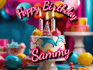 Happy Birthday Sammy GIF: Animated birthday gif with a beautiful colorful birthday can and sparkles in the air. It reads Happy Birthday Customize.
