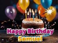 Happy Birthday Samuel GIF: A birthday cake with flickering candles gif with text reading Happy Birthday and a Name slot to customize